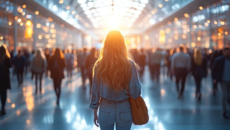A woman with long hair seen from behind, walking toward the light in a busy sunlit hall