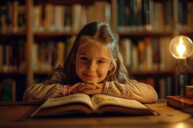 A young girl resting on an open book at a library table, lit by a warm lamp