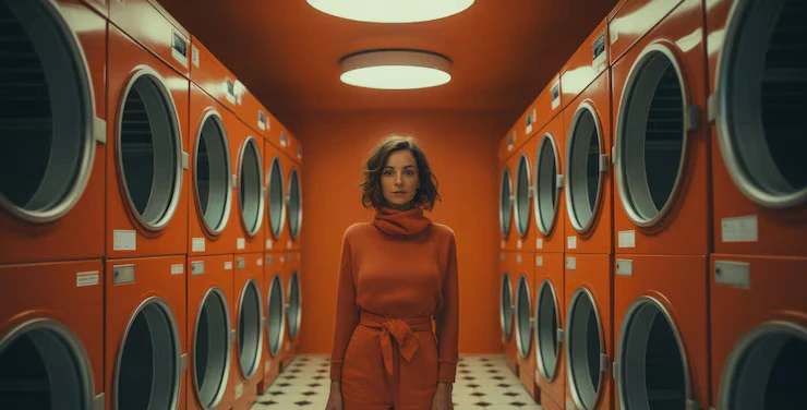 A woman standing in an orange laundromat lined with rows of industrial dryers