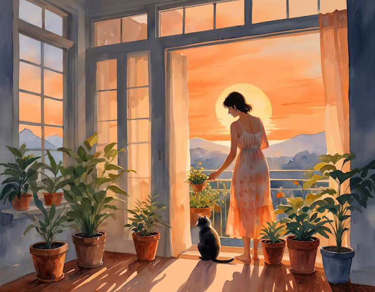 A woman standing at an open balcony door at sunset, surrounded by potted plants with a cat beside her