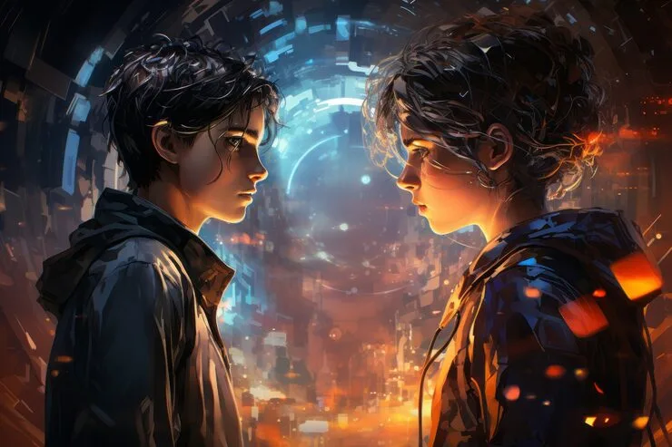 Two young people facing each other against a split blue and orange backdrop
