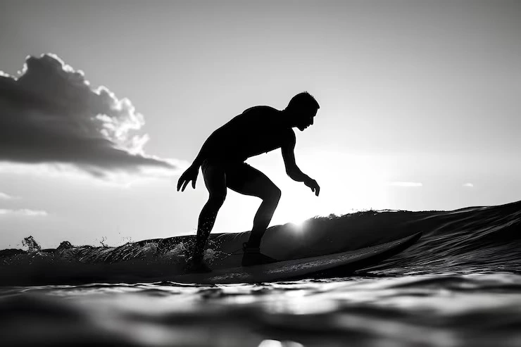A surfer silhouetted against a bright sky, riding a wave in black and white
