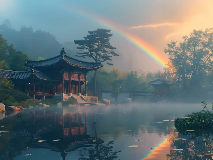 A traditional Korean pavilion beside misty water with a rainbow arcing overhead