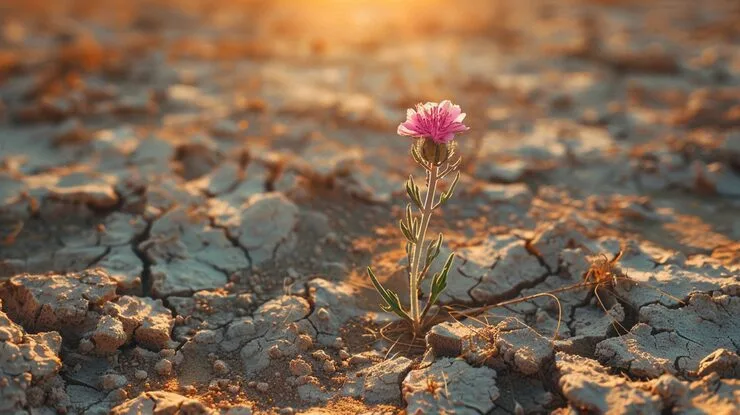 A single pink flower blooming through cracked, sun-baked earth at golden hour