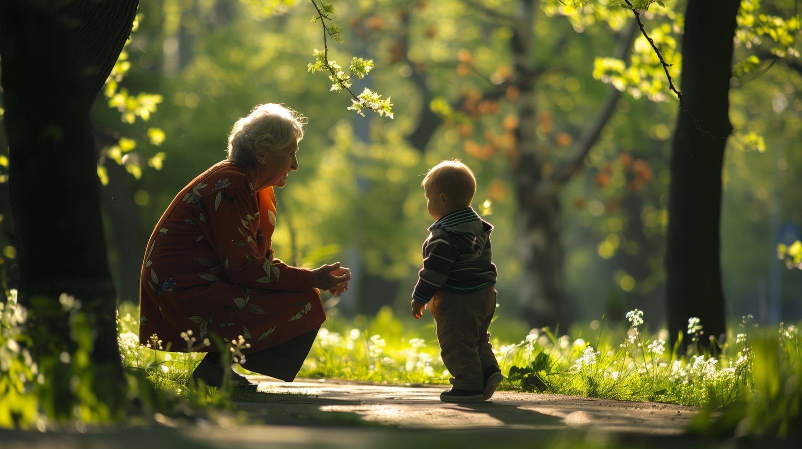 An older woman kneeling to meet a small child on a sunlit park path