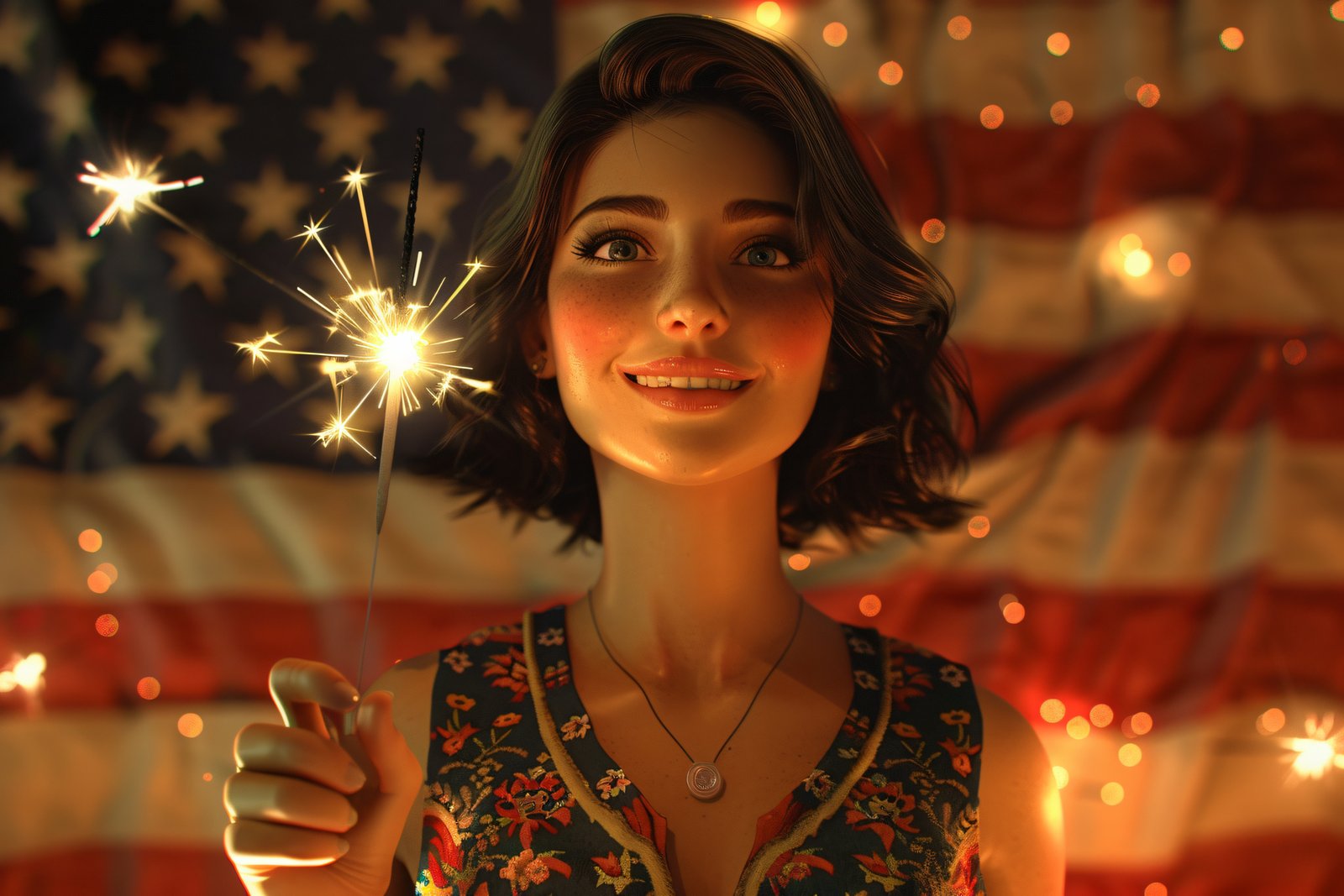 A smiling young woman holding a lit sparkler in front of an American flag