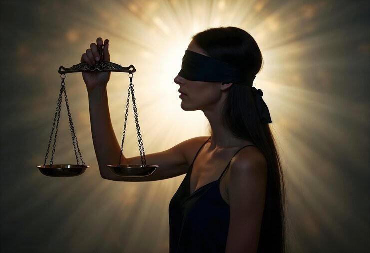 A blindfolded figure holding a set of balanced scales against a bright sunburst